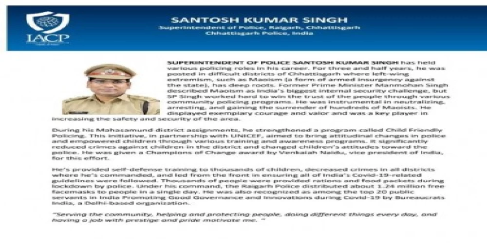 US organization chooses IPS officer Santosh Kumar Singh for coveted IACP Award-2021, refers to Bureaucrats India in citation US organization chooses IPS officer Santosh Kumar Singh for coveted IACP Award-2021, refers to Bureaucrats India in citation